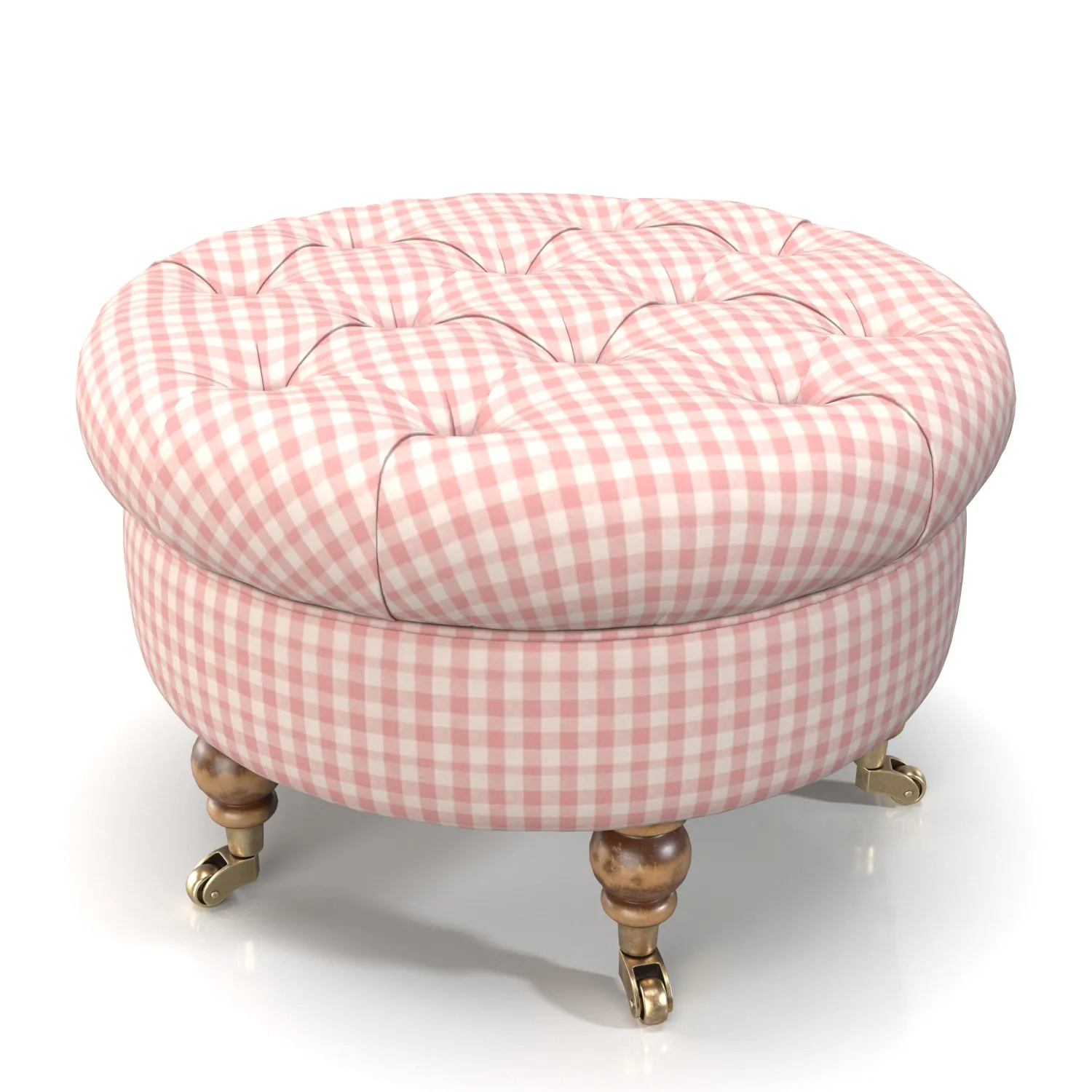 Upholstered Pink Gingham Round Ottoman PBR 3D Model_01